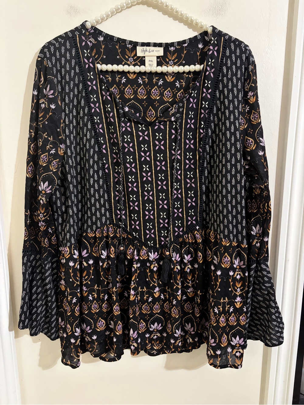 Style & Co. Black Floral Boho Peasant Top with Purple & Tan Accents
